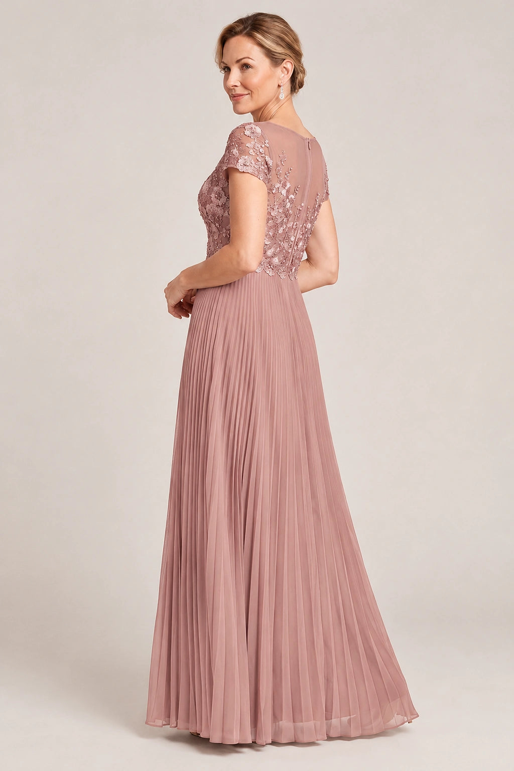 Embroidered Lace Pleated Mother of the Bride Dress