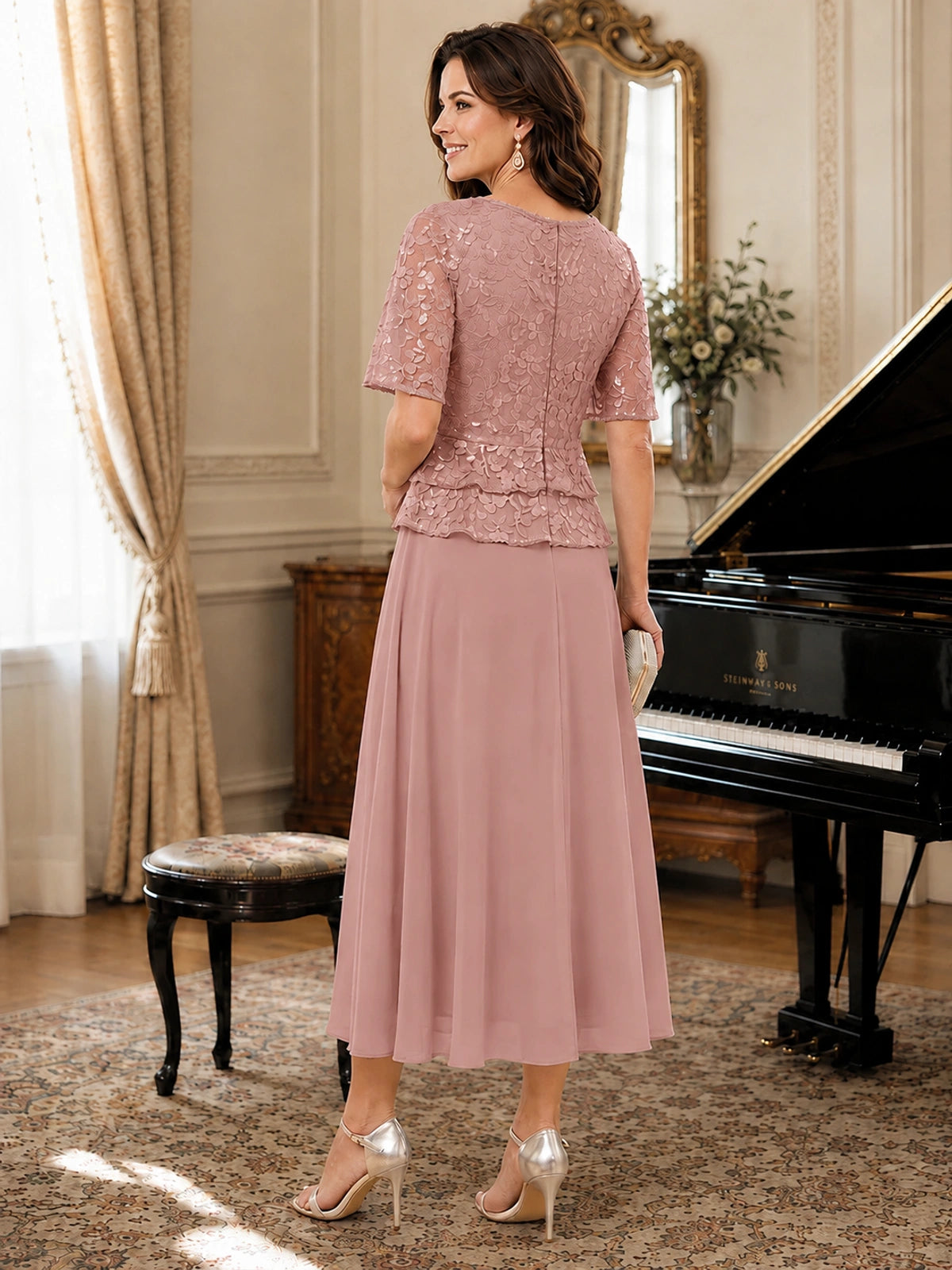 Tea-Length Chiffon Mother of the Bride Dress with Sequin Lace Sleeves