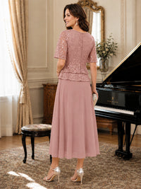 Tea-Length Chiffon Mother of the Bride Dress with Sequin Lace Sleeves