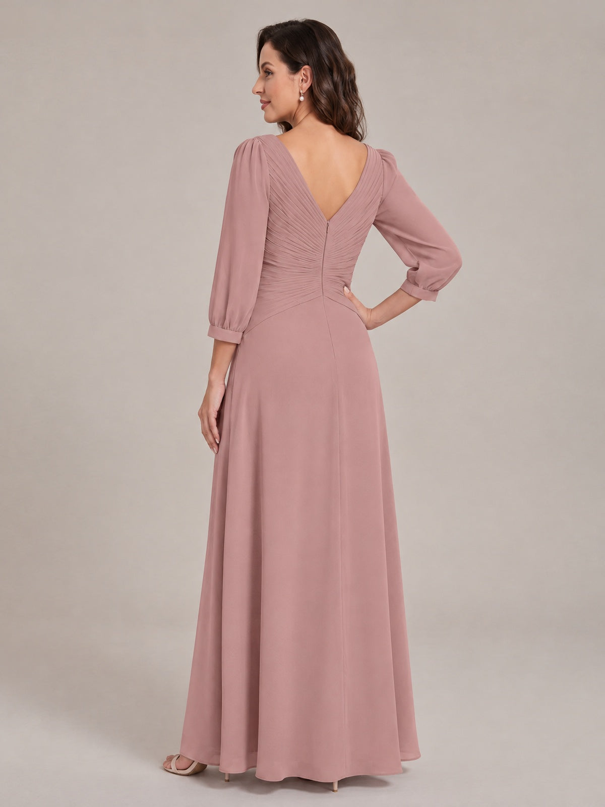 V-Neck Pleated Chiffon Mother of the Bride Dress with Flutter Sleeves