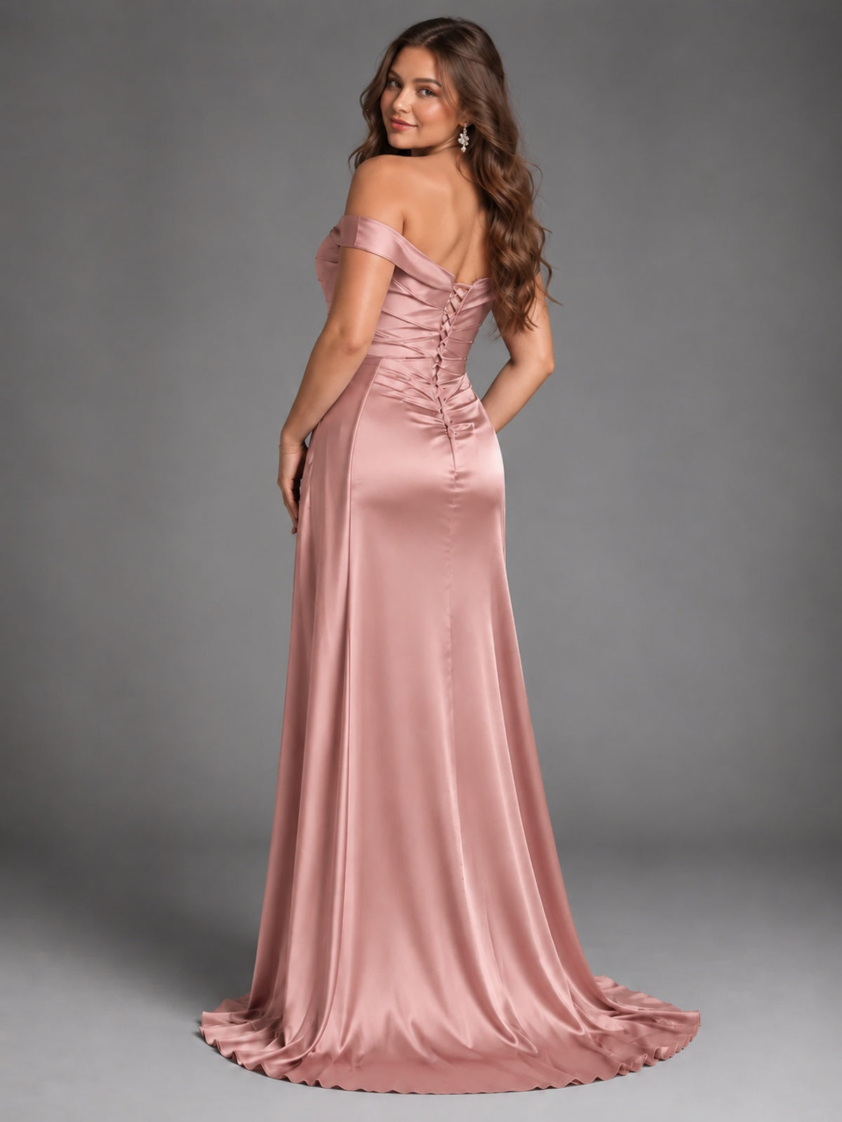 Off Shoulder Satin Maxi Dress with Slit
