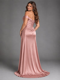 Off Shoulder Satin Maxi Dress with Slit