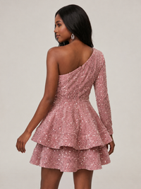 Puffy One Shoulder Sequin Tiered Mini Dress