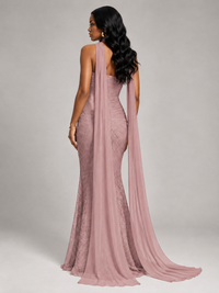 Pleated Chiffon Lace Prom Dresses Long Bodycon Mermaid with Scarf