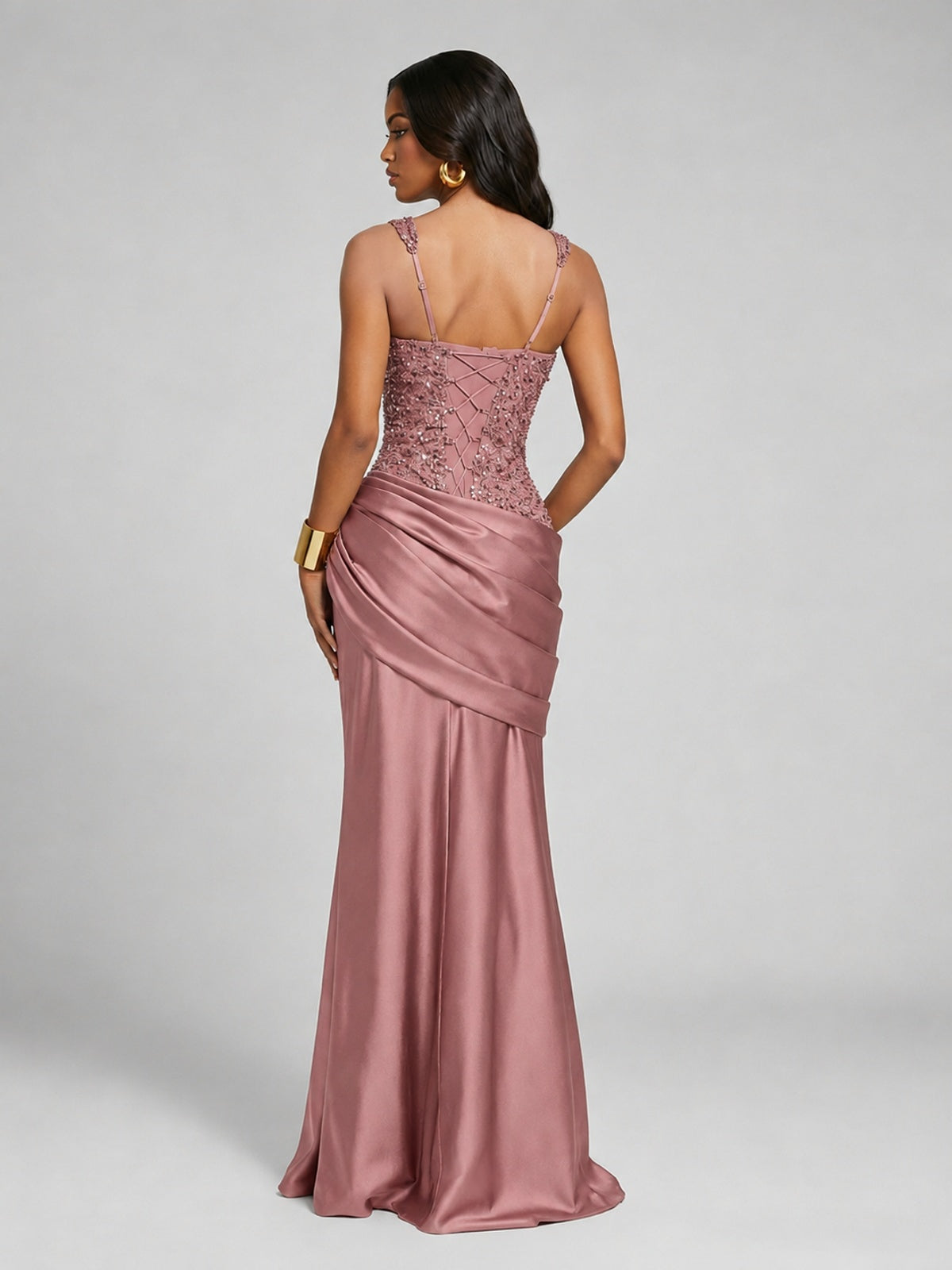 Scoop Neck Sequin Prom Dress with High Slit Satin Formal Gowns