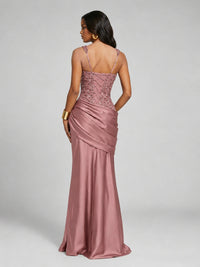 Scoop Neck Sequin Prom Dress with High Slit Satin Formal Gowns