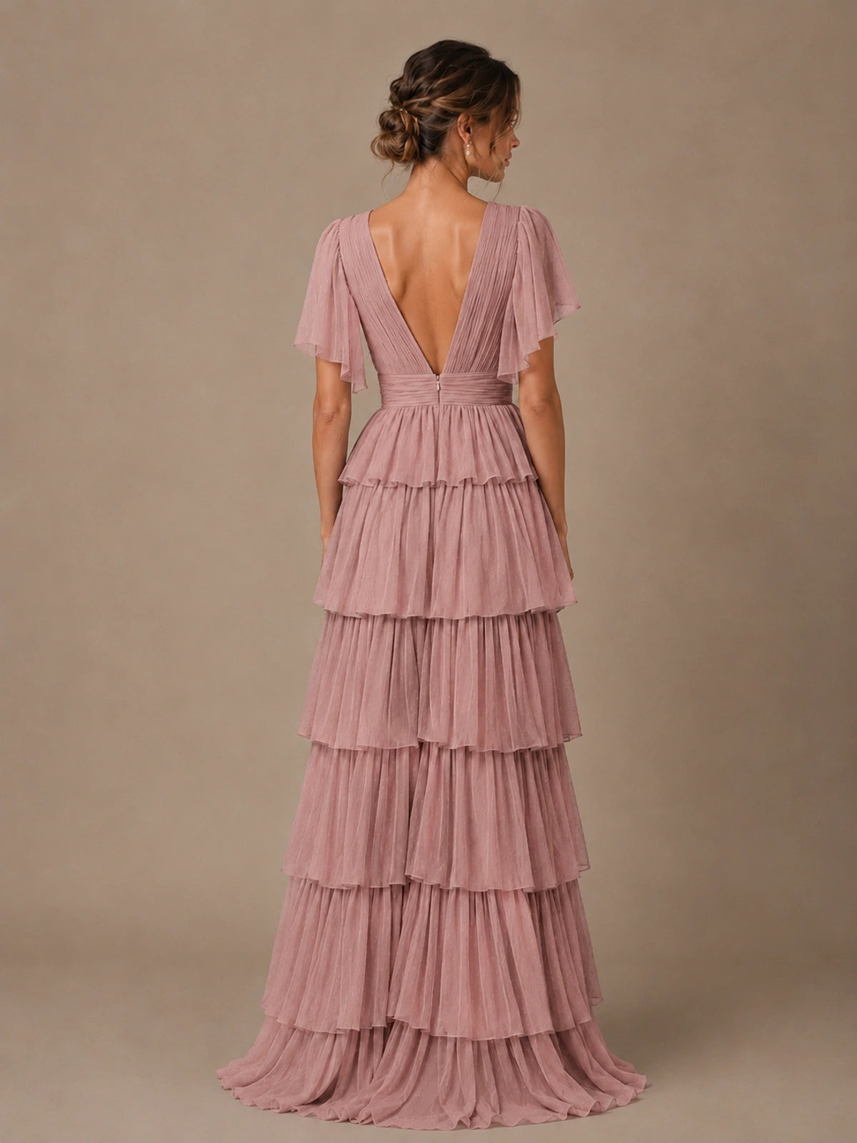 Chiffon V-Neck Tiered Ruffle Bridesmaid Dress with Slit