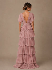 Chiffon V-Neck Tiered Ruffle Bridesmaid Dress with Slit