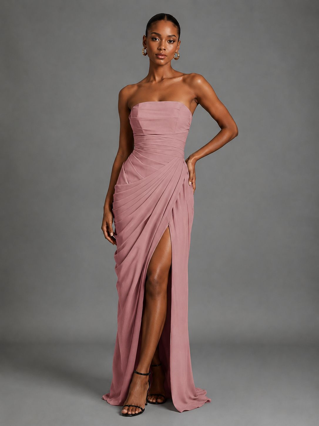 Strapless Bodycon Pleated Chiffon Formal Dress with Slit