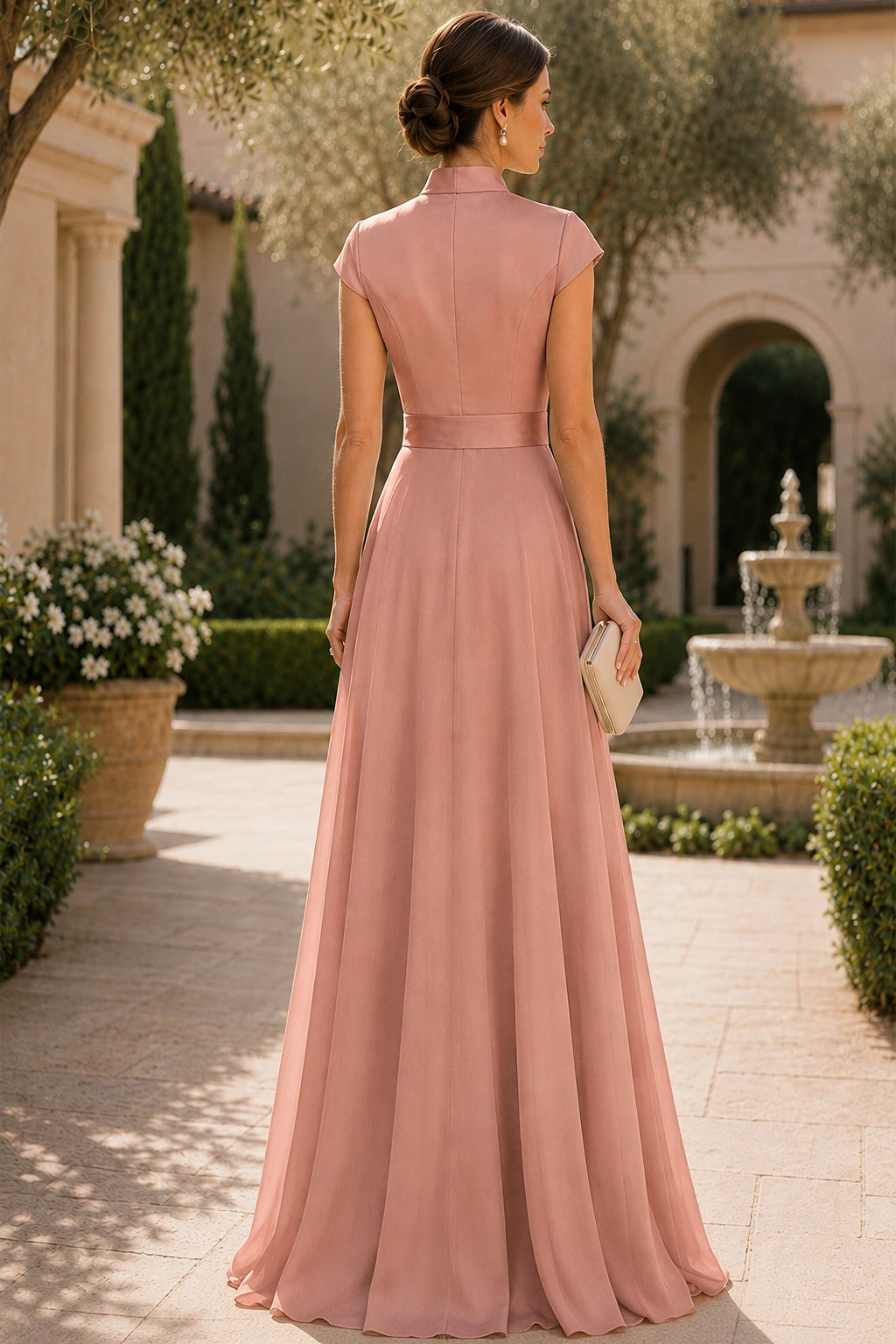 V Neck Cap Sleeve A-Line Floor-Length Satin Bridesmaid Dress