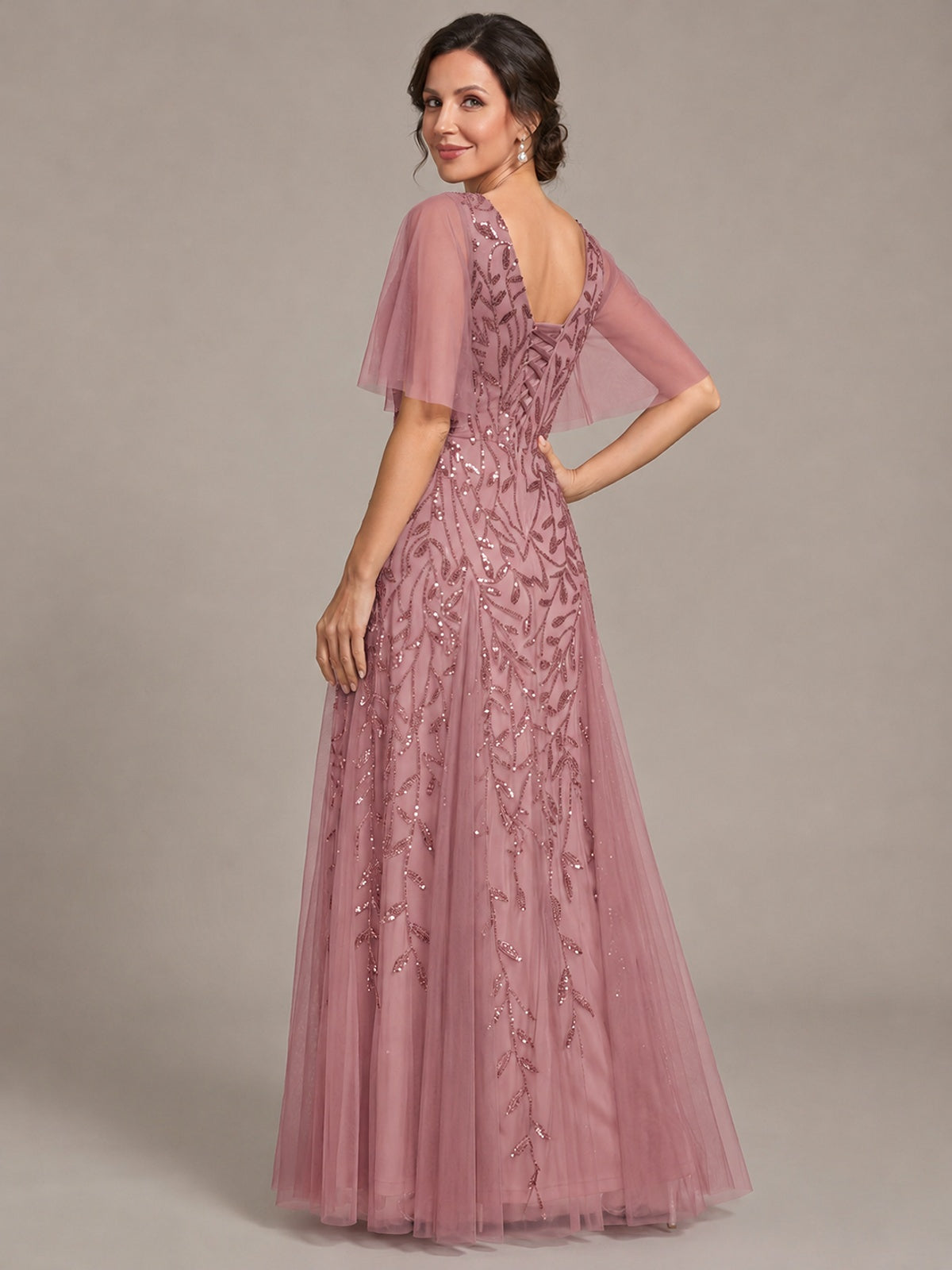 V-Neck Sequin Tulle Mother of the Bride Dress with Flutter Sleeve