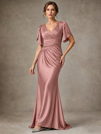 V-Neck Satin Mother of the Bride Dress with Flutter Sleeves