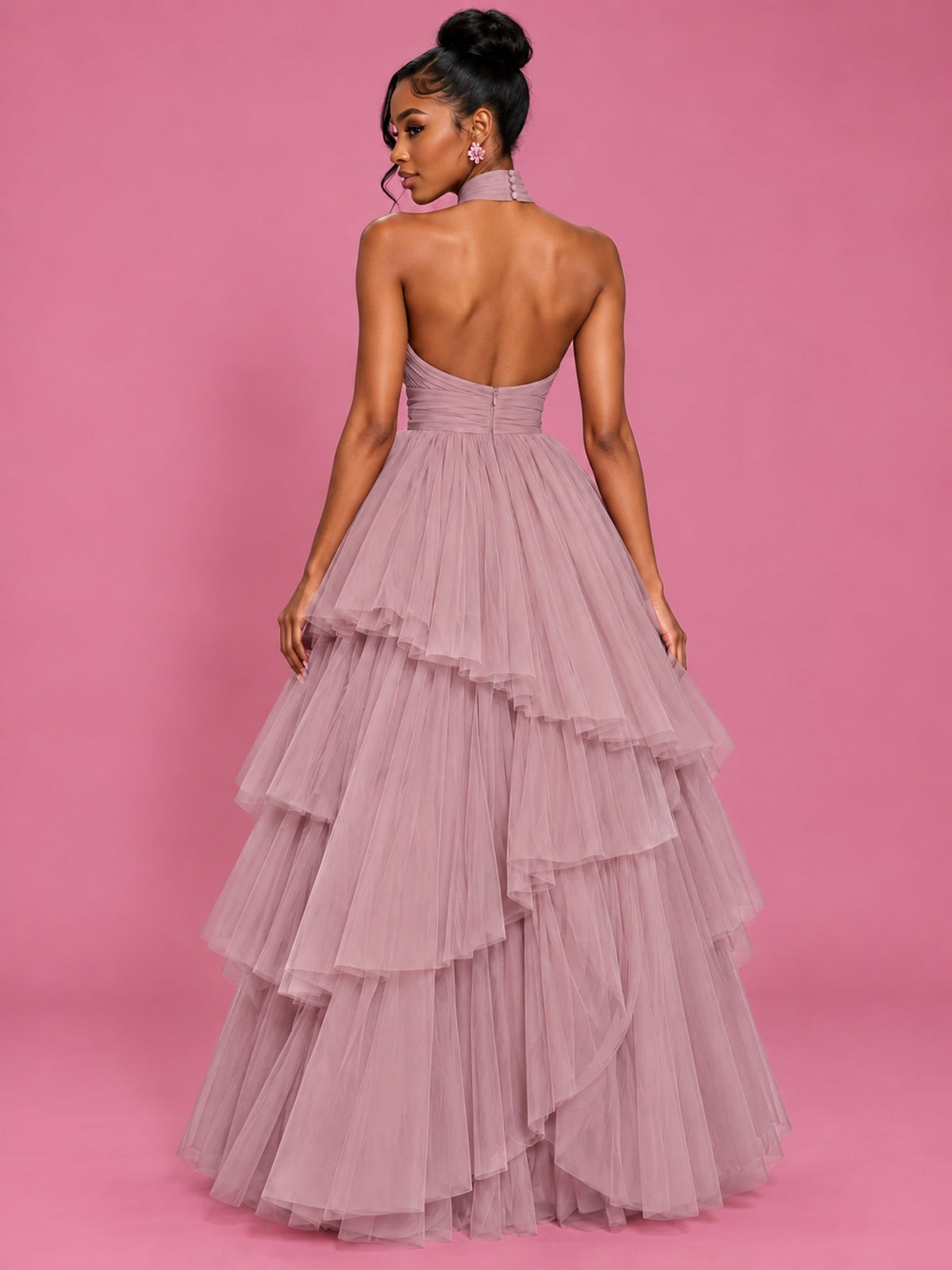 Hot Pink Tulle Halter Neck Tiered Ruffle Maxi Dress
