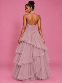 Hot Pink Tulle Halter Neck Tiered Ruffle Maxi Dress