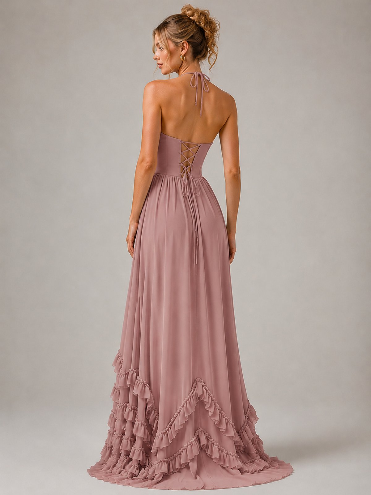 Halter V Neck Chiffon Formal Dress with Lace-Up Back and Ruffle Hem