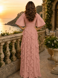Elegant Chiffon Mother of the Bride Dress with Flutter Sleeves and Ruffle Skirt