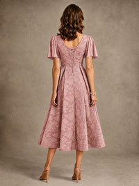V-Neck Floral Jacquard Tea-Length Mother of the Bride Dress