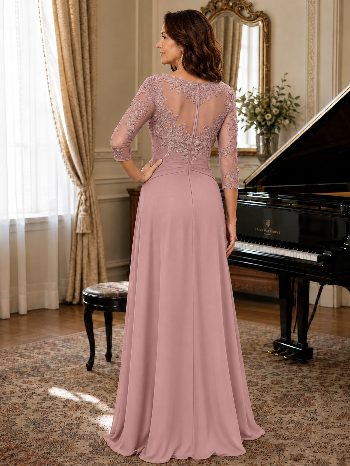 A-Line Chiffon Mother of the Bride Dress with Floral Applique 3/4 Sleeves