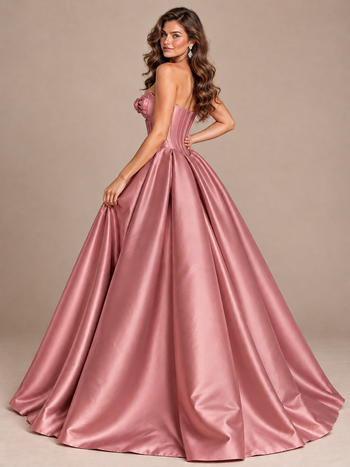 Pink Strapless Corset Satin Prom Derss & Ball Gown with 3D Floral