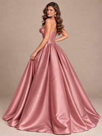 Pink Strapless Corset Satin Prom Derss & Ball Gown with 3D Floral