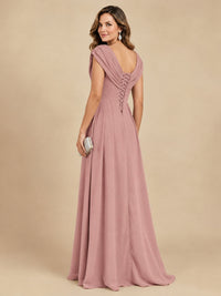 V Neck Pleated Mother of The Bride Dresses with Beading Cap Sleeves
