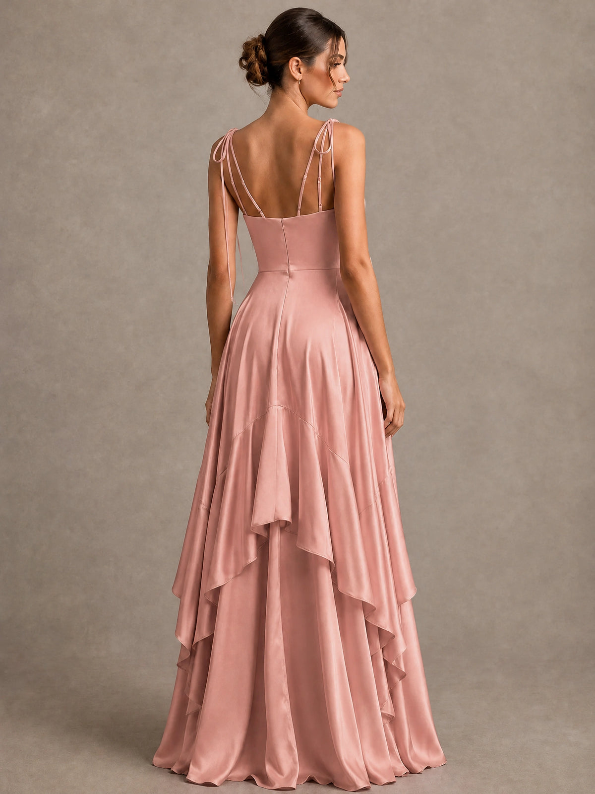Lavender Satin V-Neck Ruffle Maxi Dress