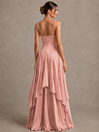 Lavender Satin V-Neck Ruffle Maxi Dress