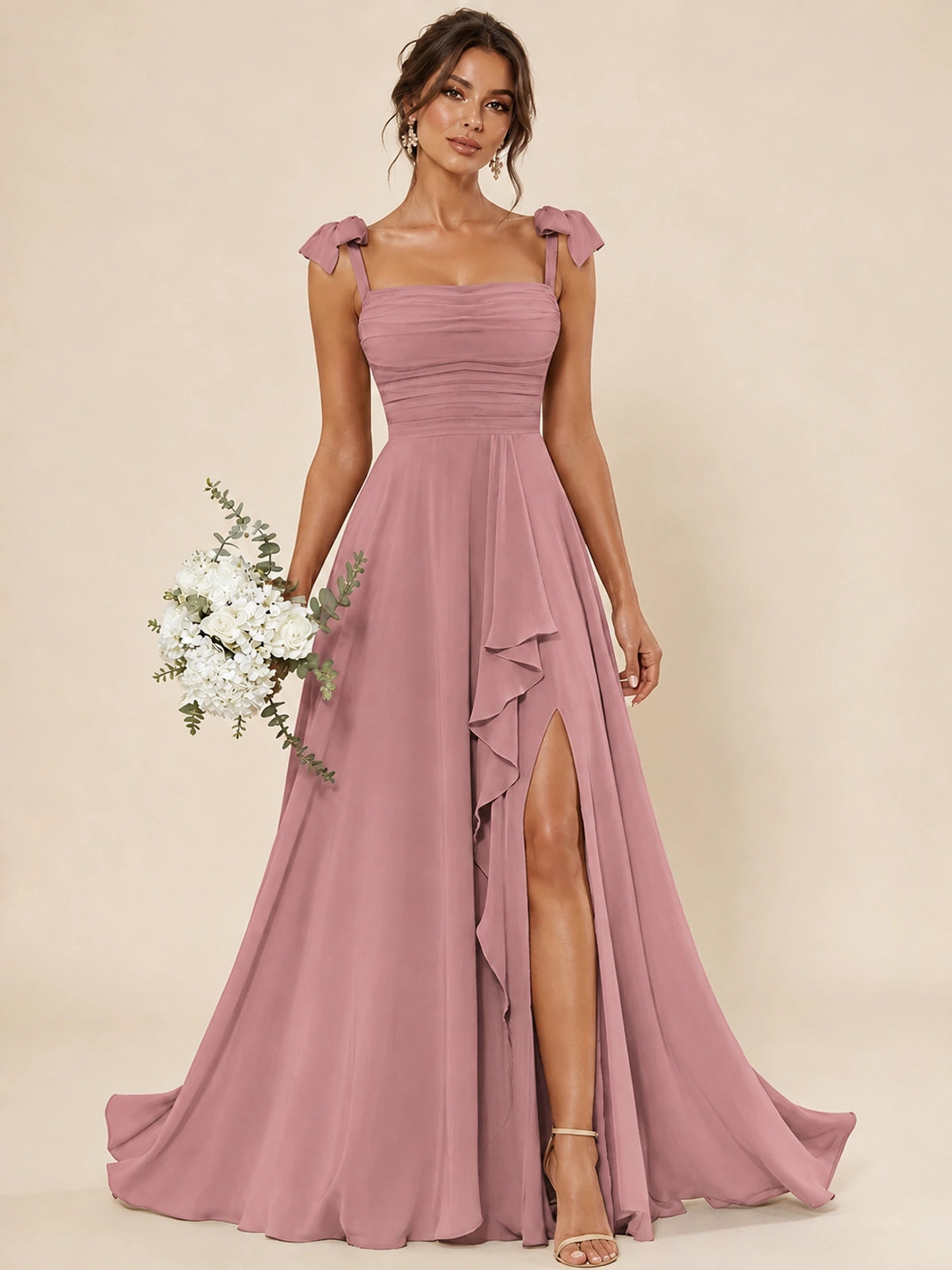 Ruffle Slit Chiffon A Line Scoop Neck Bridesmaid Dresses with Pockets