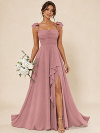 Ruffle Slit Chiffon A Line Scoop Neck Bridesmaid Dresses with Pockets