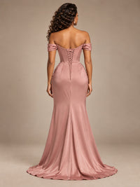 Burgundy Off-the-Shoulder Satin Corset Prom Dress with Slit