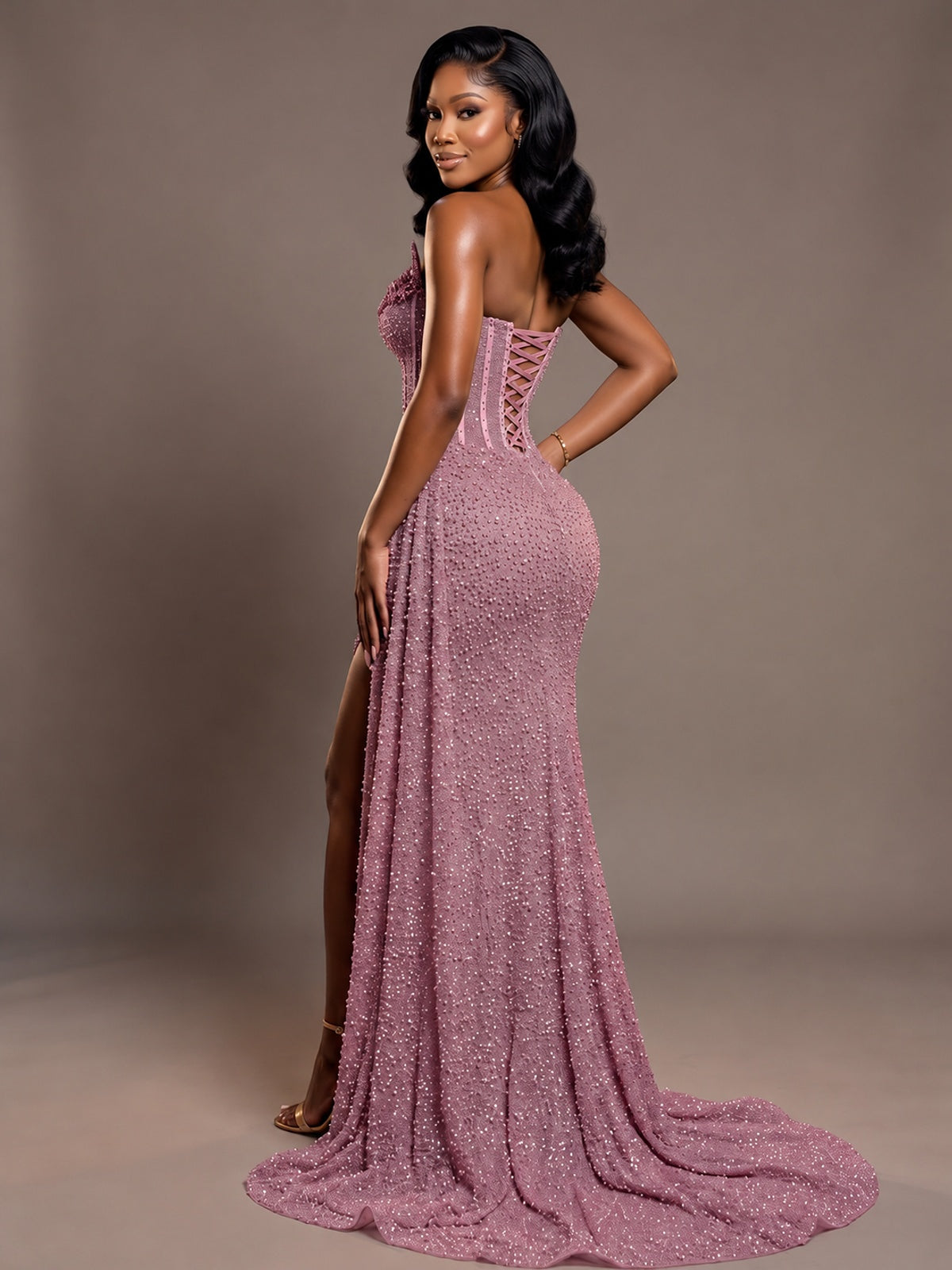 Luxury Strapless Sequin Corset Mermaid Prom Dress with High Slit & Train