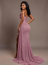 Luxury Strapless Sequin Corset Mermaid Prom Dress with High Slit & Train