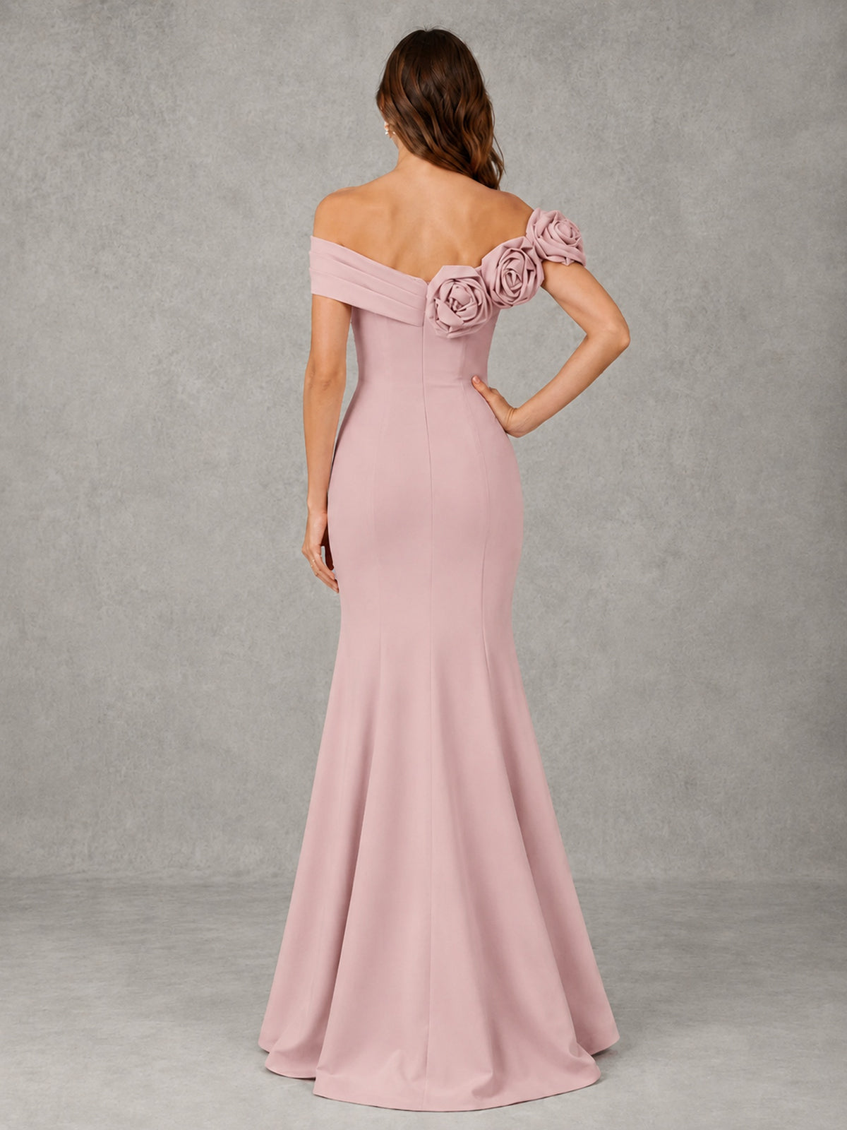 Blush Pink Off Shoulder Mermaid Bridesmaid Dress with Floral Rosette