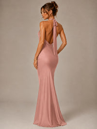 Olive Green Halter Satin Mermaid Maxi Dress