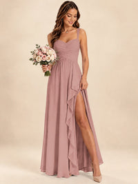 Spaghetti Straps Pleated Chiffon Bridesmaid Dress with Ruffle Slit