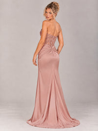Strapless Satin Prom Dress with Sheer Lace Corset & High Slit