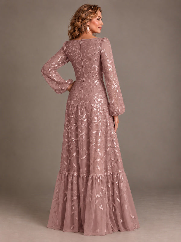 Floral Sequin Embroidered A-Line Mother of the Bride Dress with Long Sleeves