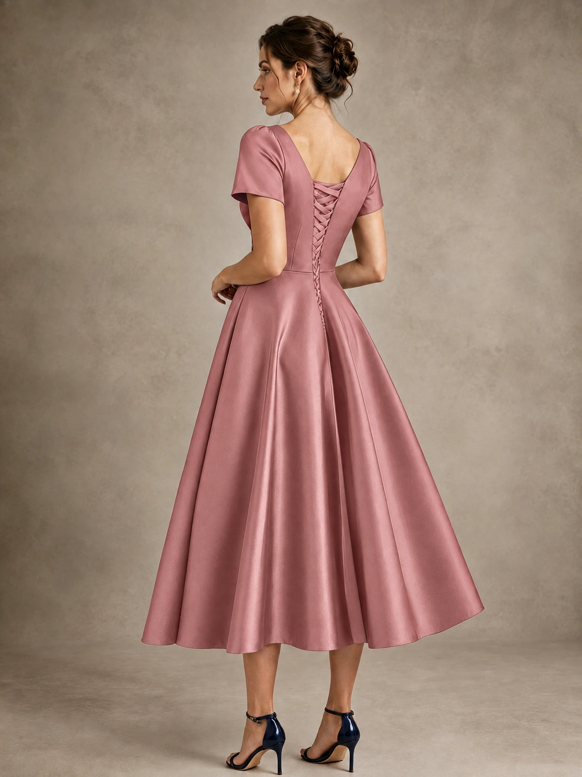 V-Neck Tea-Length Satin Mother of the Bride Dress with Bow