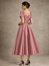 V-Neck Tea-Length Satin Mother of the Bride Dress with Bow