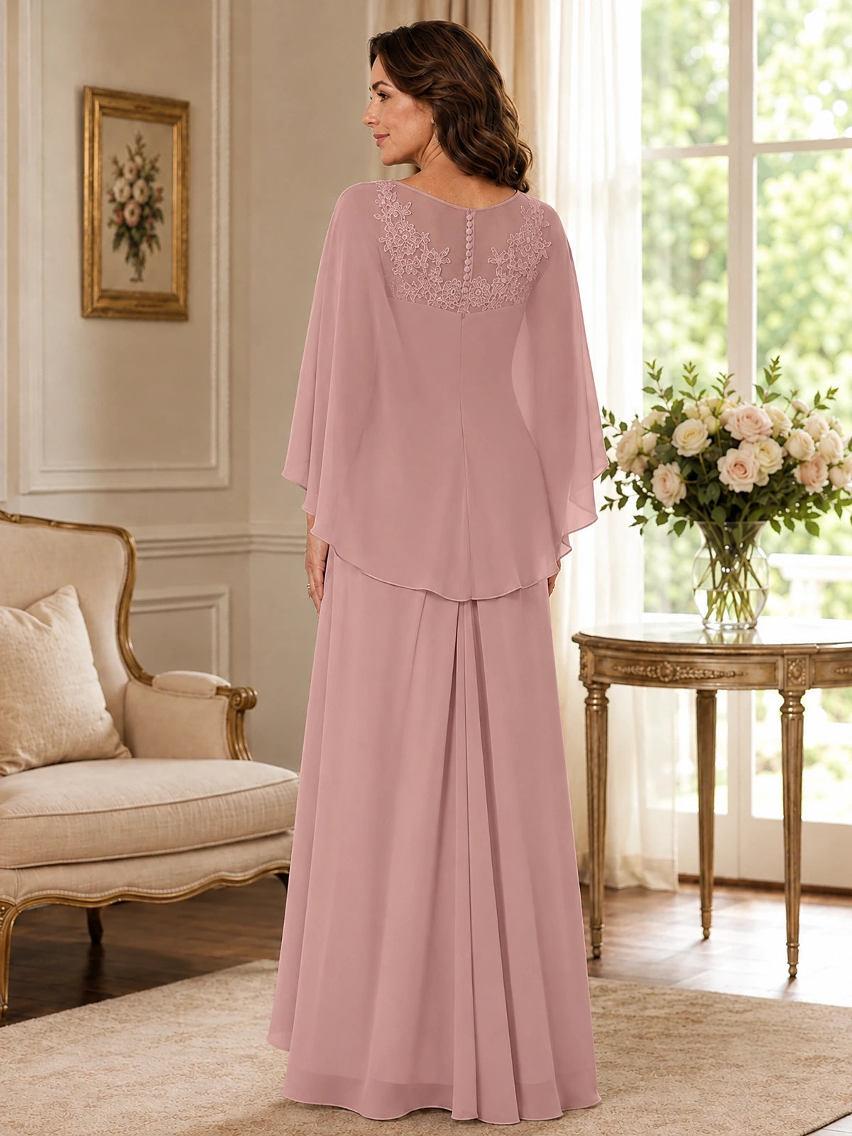 Elegant Chiffon Mother of the Bride Dress with Lace Applique and Cape Sleeves