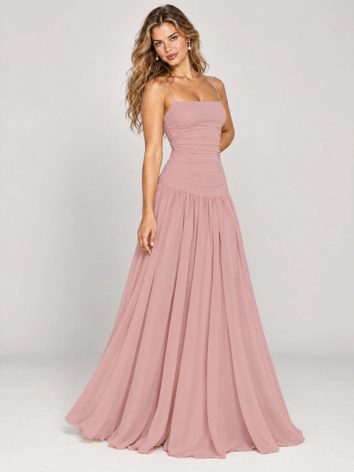Butter Yellow Ruched Spaghetti Strap Drop-Waist Prom Dress