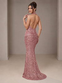 Gold Halter Sequin Mermaid Ruched Prom Dress Long Ruched Evening Gown