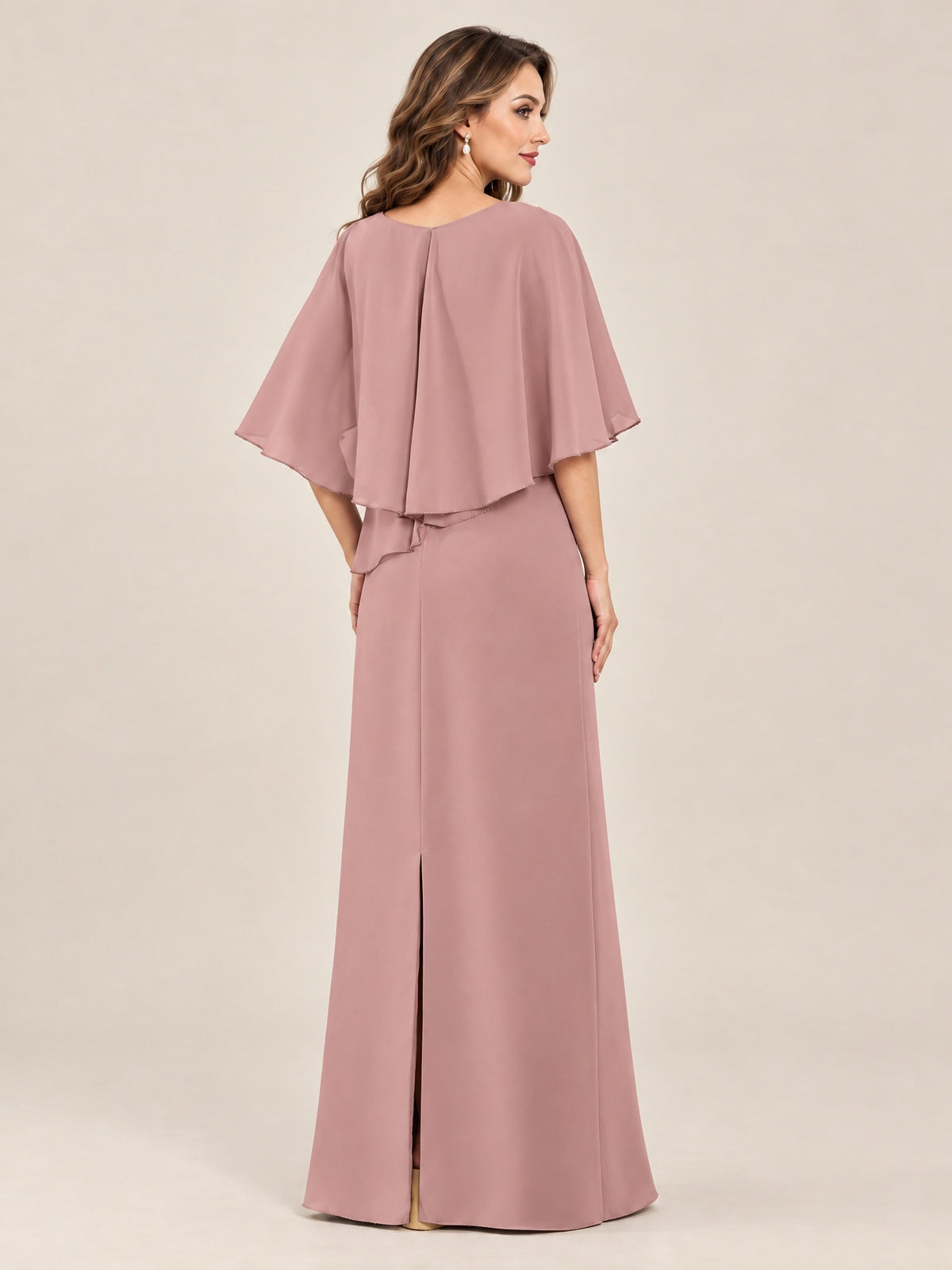 Cape Sleeve Mother of the Bride Dress with Asymmetrical Overlay