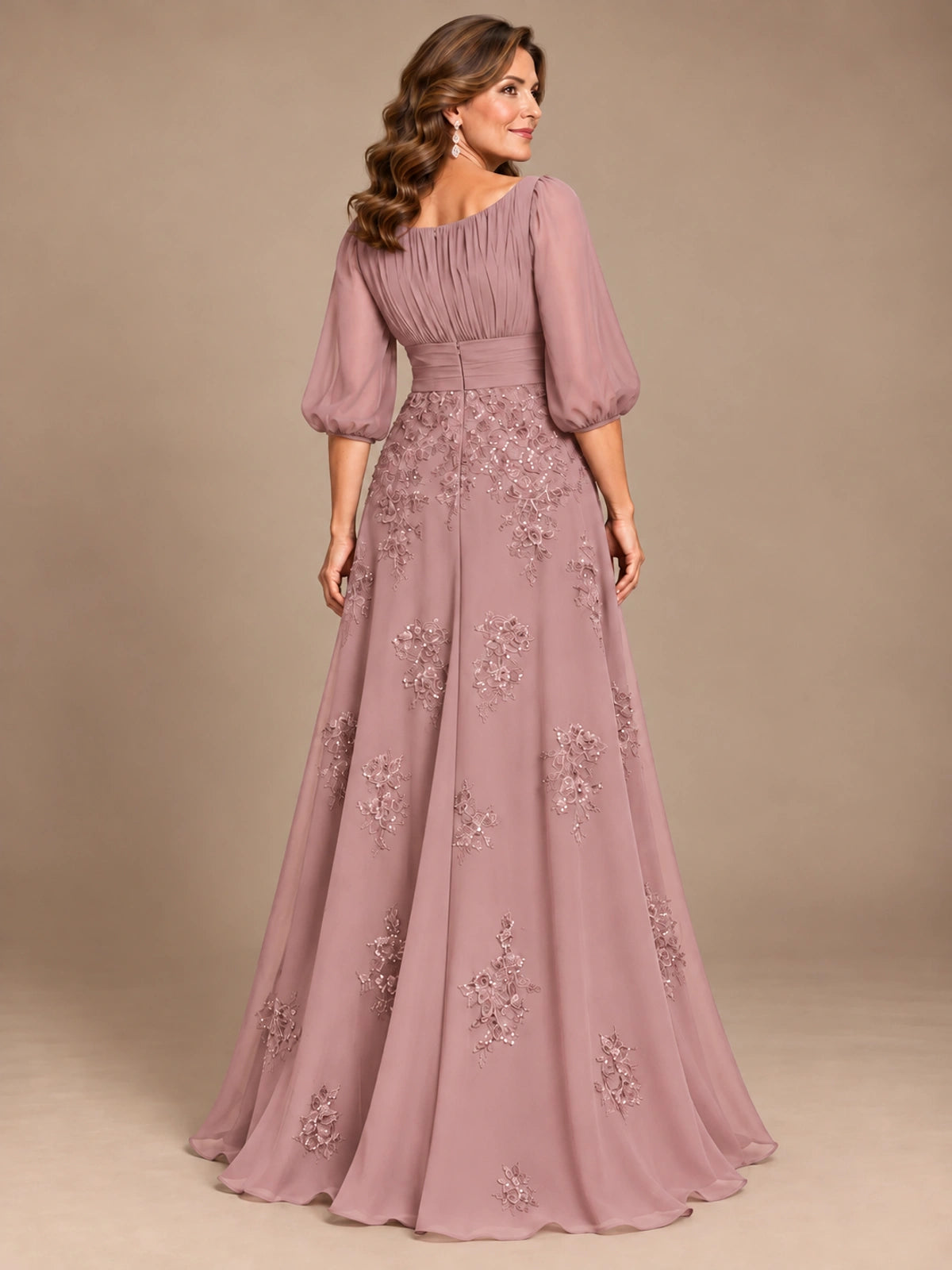 A-Line Mother of the Bride Dress with Sheer Puff Sleeves