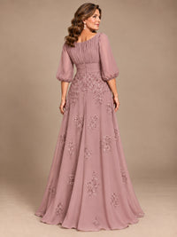 A-Line Mother of the Bride Dress with Sheer Puff Sleeves