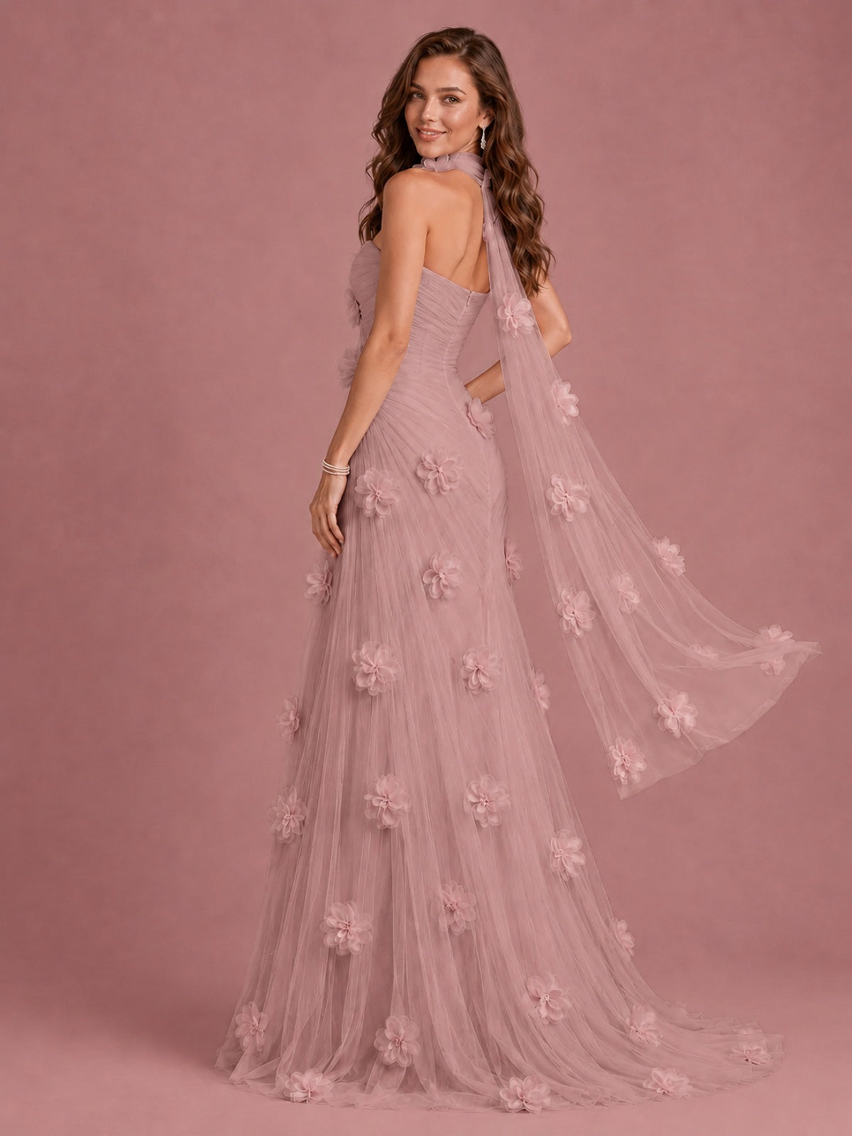 Blush Pink Strapless Sweetheart 3D Floral Tulle Mermaid Prom Dress