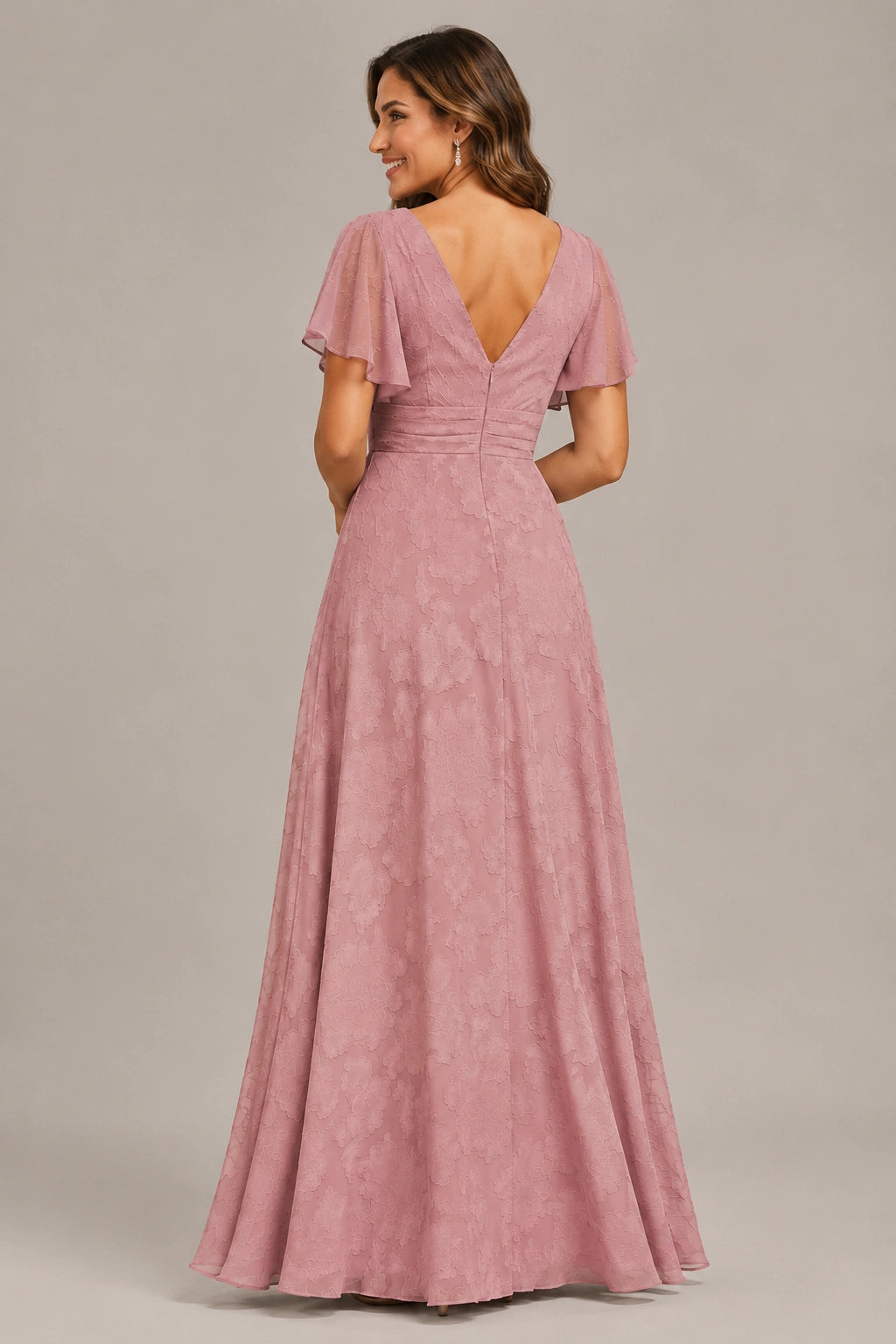 Jovellee Floral Chiffon A-Line Mother of the Bride Dress with Flutter Sleeves