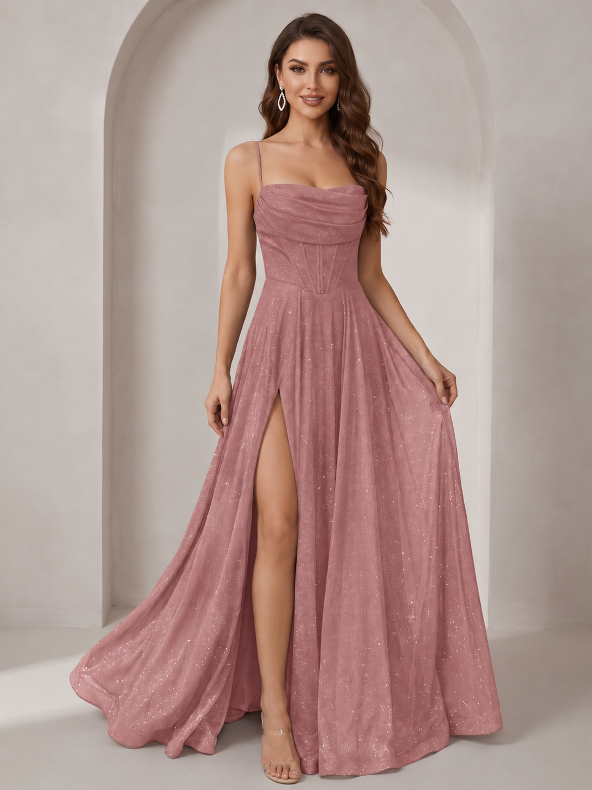Sparkly Cowl Neck Corset Long Prom Dress with Slit A-line Tulle Ball Gown