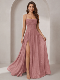 Sparkly Cowl Neck Corset Long Prom Dress with Slit A-line Tulle Ball Gown