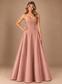 Blush Pink Strapless Satin A-Line Prom Dress with Ruched Bodice